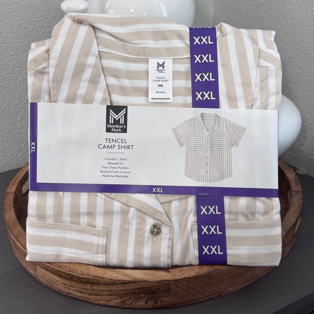 Member's Mark Tencel Camp Shirt Womens XXL Beige White Striped Button Down New